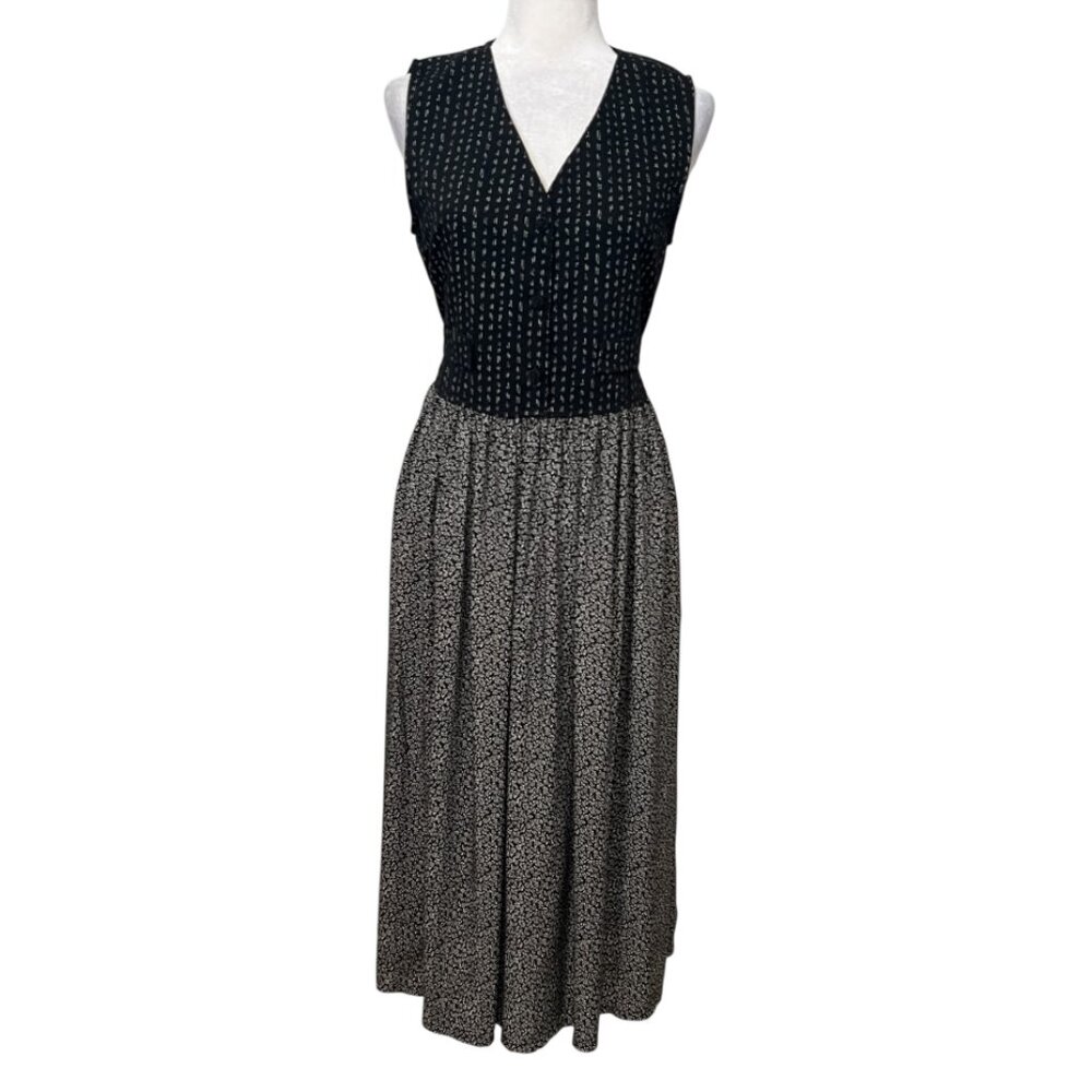 Plaza South Black Sleeveless Midi Dress Size 6 Button Front Tie Waist Floral VTG